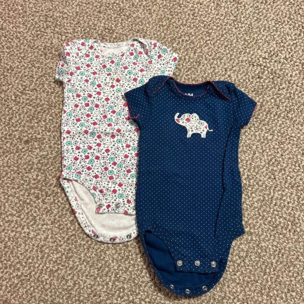 Bundle of 2 Child of Mine Baby Girl Bodysuits Elephant Floral 3-6 Months